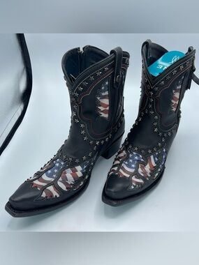 Lane Old GlorWomen's Black Ankle Booties with American Flag Inlay and Star Studs